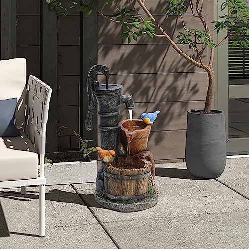 Resin Barrel Water Fountain with Birds, Water Pump
