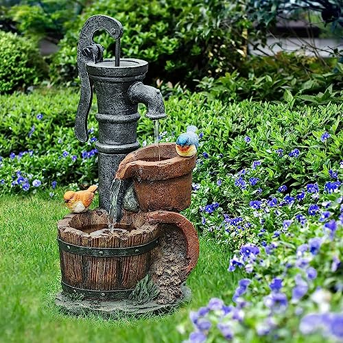 Resin Barrel Water Fountain with Birds, Water Pump
