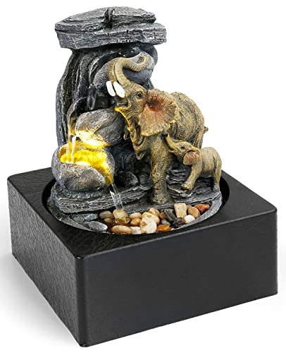 Elephant Sculpture Tabletop Fountain with LED Light Home Decor