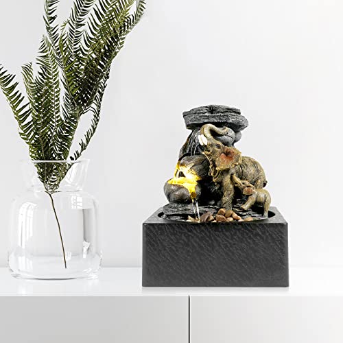 Elephant Sculpture Tabletop Fountain with LED Light Home Decor