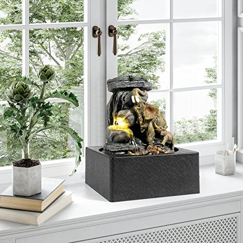 Elephant Sculpture Tabletop Fountain with LED Light Home Decor