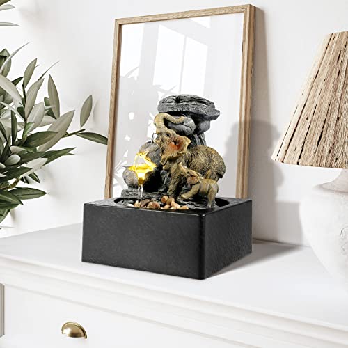 Elephant Sculpture Tabletop Fountain with LED Light Home Decor