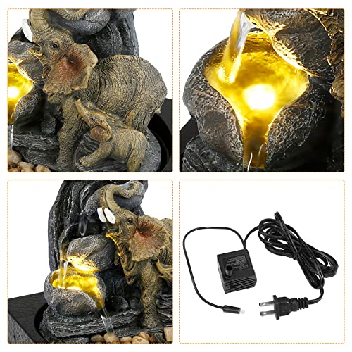 Elephant Sculpture Tabletop Fountain with LED Light Home Decor