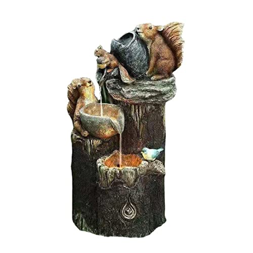 Squirrel Sculpture Water Feature with LED Light & Fountain