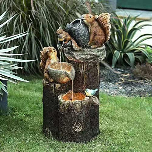 Squirrel Sculpture Water Feature with LED Light & Fountain