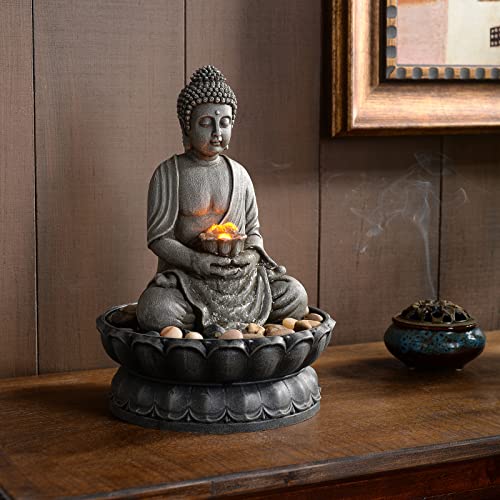 11.2" Tall Buddha Fountain with Reflective Lighting/Cobblestone Décor