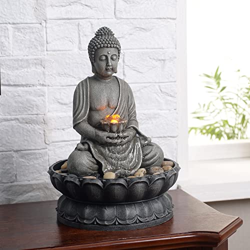 11.2" Tall Buddha Fountain with Reflective Lighting/Cobblestone Décor