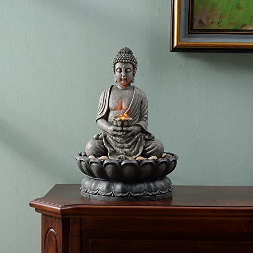11.2" Tall Buddha Fountain with Reflective Lighting/Cobblestone Décor