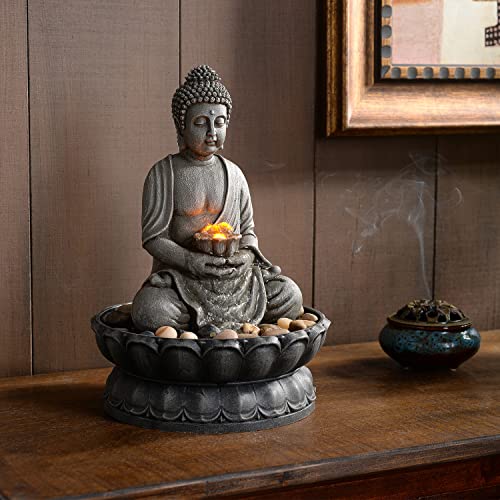 11.2" Tall Buddha Fountain with Reflective Lighting/Cobblestone Décor