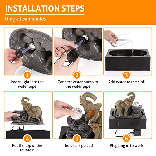 Indoor Elephant Waterfall Fountain with LED Light & Spinning Ball