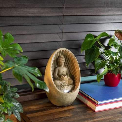 Tabletop Buddha Fountain with LED Lights, 11" Beige