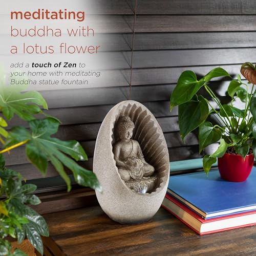 Tabletop Buddha Fountain with LED Lights, 11" Beige