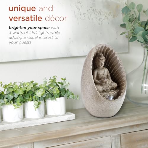 Tabletop Buddha Fountain with LED Lights, 11" Beige