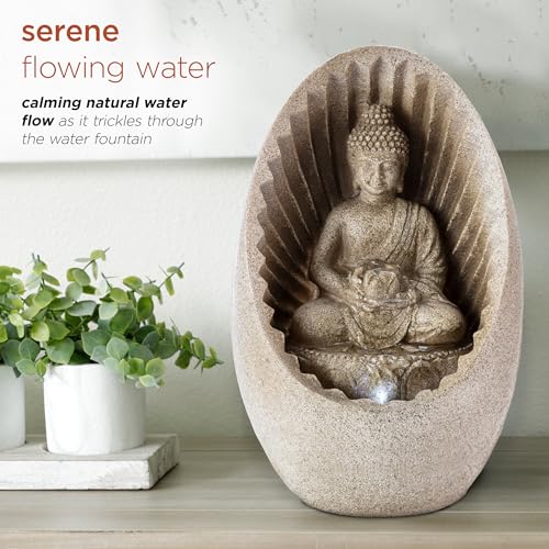 Tabletop Buddha Fountain with LED Lights, 11" Beige