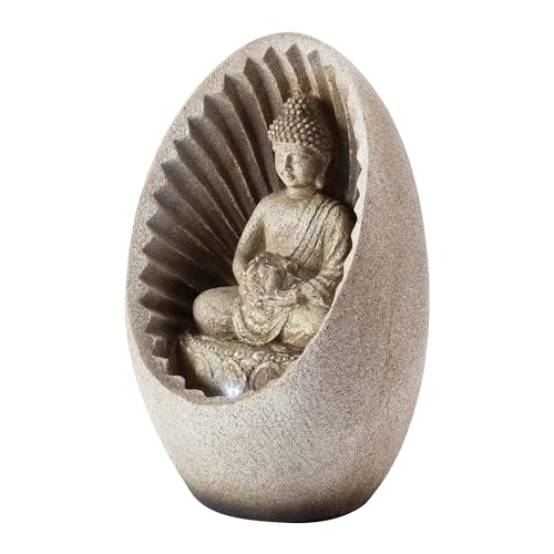 Tabletop Buddha Fountain with LED Lights, 11" Beige