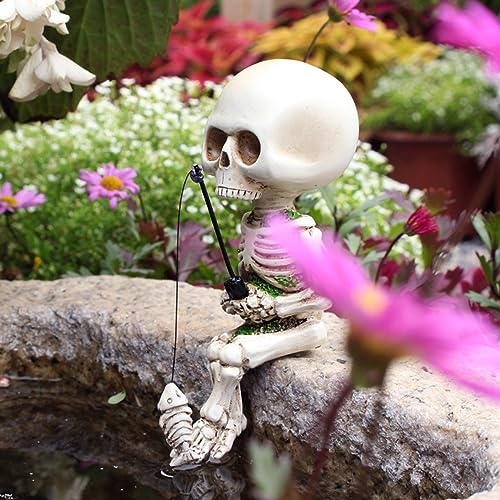 Mini Skeleton Fisherman Garden Statue for Fishing Enthusiast