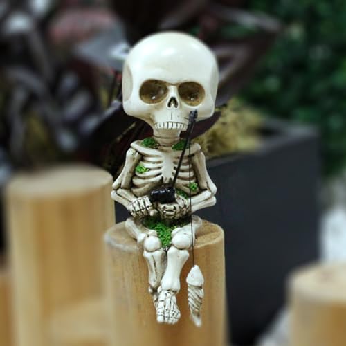 Mini Fishing Skeleton Outdoor Pond Garden Statue Decor