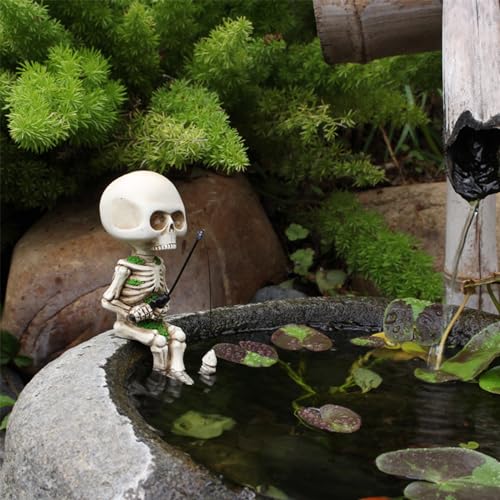 Mini Fishing Skeleton Outdoor Pond Garden Statue Decor