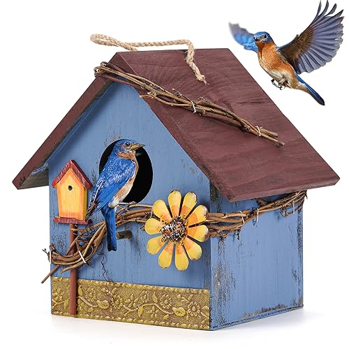 Blue Wooden Hanging Bird House for Outdoor Decoration