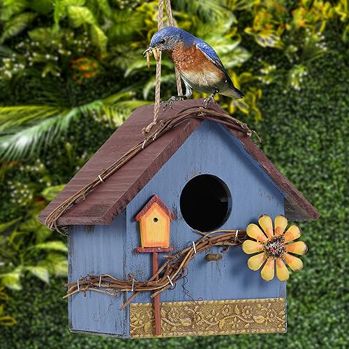 Blue Wooden Hanging Bird House for Outdoor Decoration