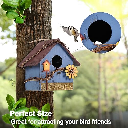 Blue Wooden Hanging Bird House for Outdoor Decoration