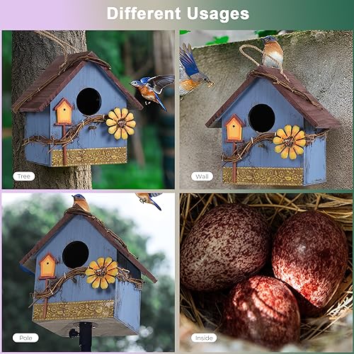 Blue Wooden Hanging Bird House for Outdoor Decoration