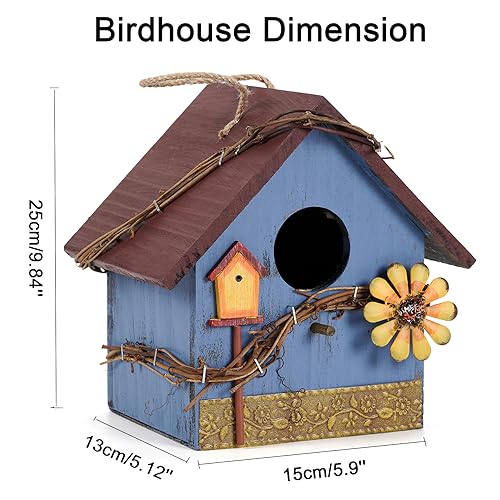 Blue Wooden Hanging Bird House for Outdoor Decoration