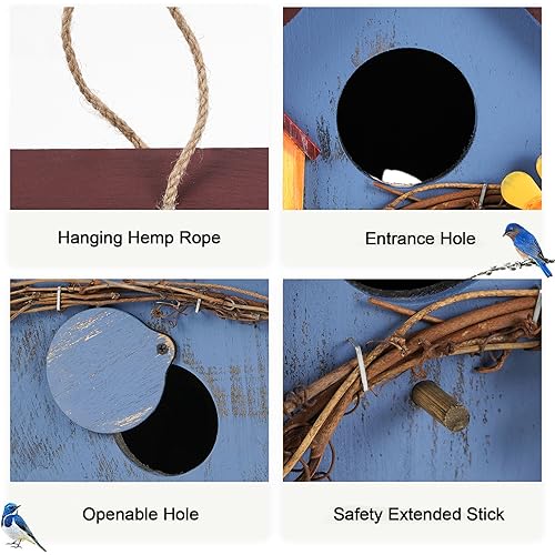 Blue Wooden Hanging Bird House for Outdoor Decoration