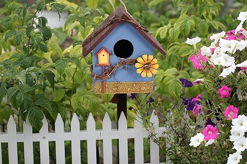 Blue Wooden Hanging Bird House for Outdoor Decoration