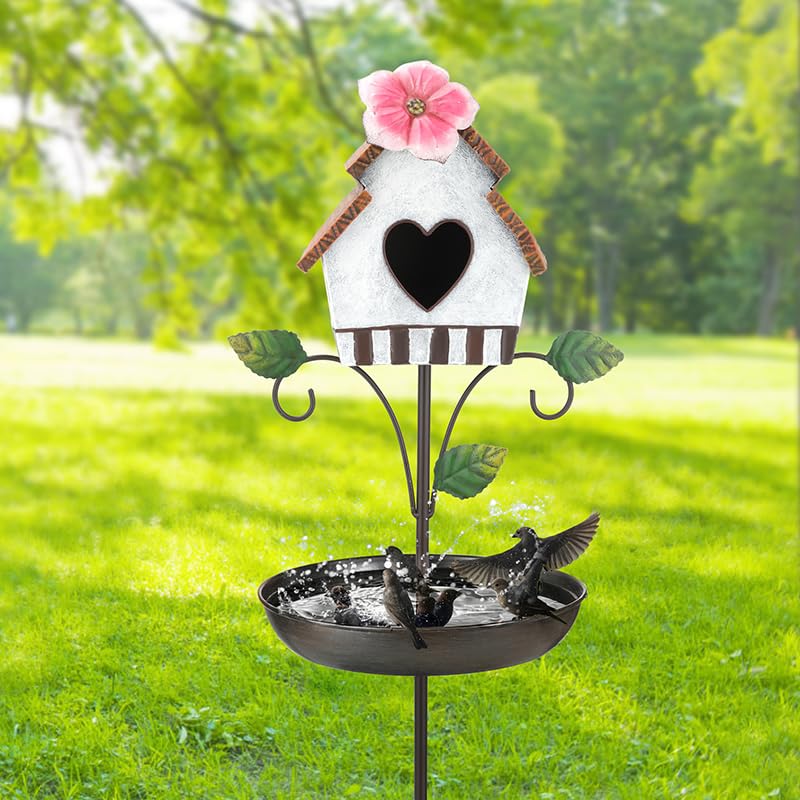 Metal Bird Bath and House Combo for Garden Decor