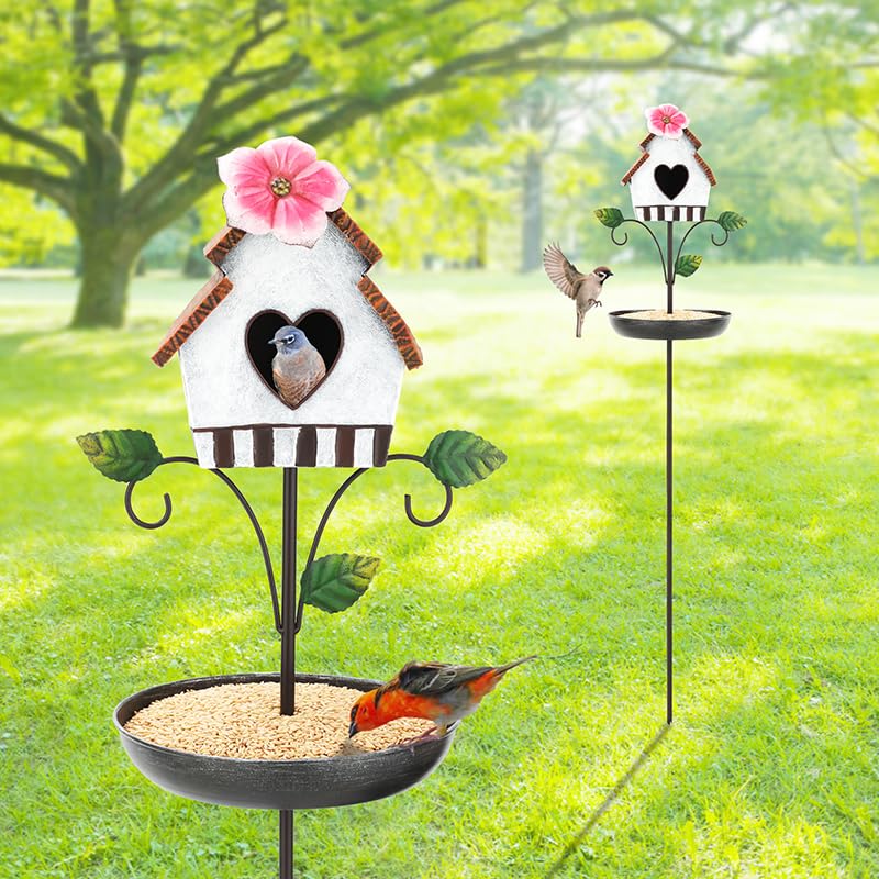 Metal Bird Bath and House Combo for Garden Decor