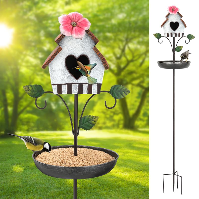 Metal Bird Bath and House Combo for Garden Decor