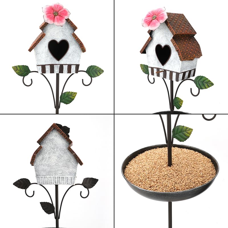 Metal Bird Bath and House Combo for Garden Decor