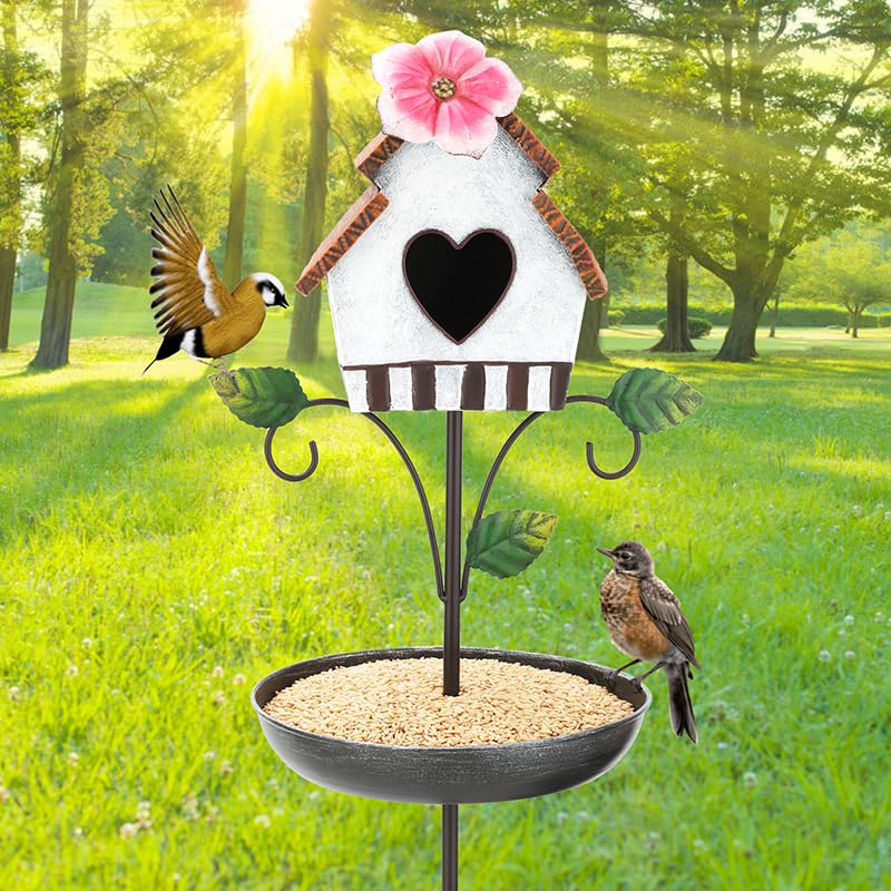 Metal Bird Bath and House Combo for Garden Decor
