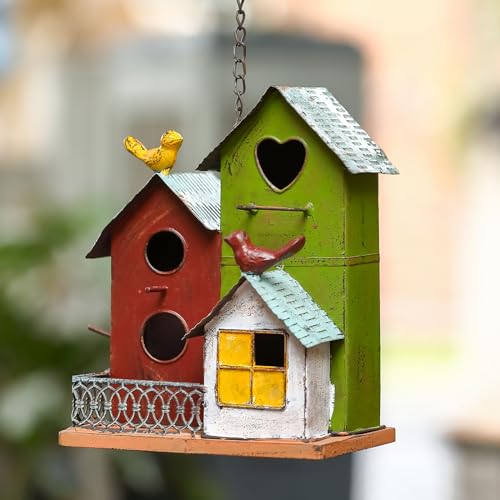 Metal Birdhouses Hanging Set of 3 with Fence