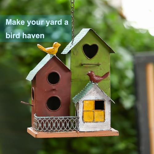 Metal Birdhouses Hanging Set of 3 with Fence