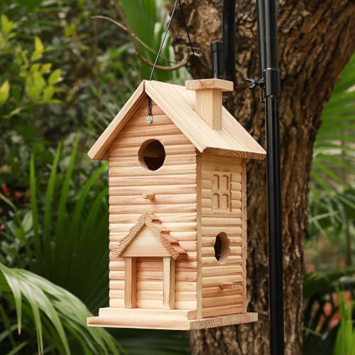 Blue Wooden Birdhouse with 2 Rooms, Outdoor Viewing
