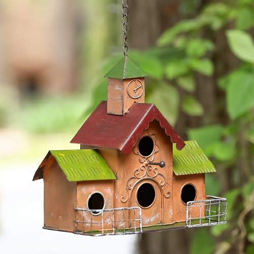 Metal Clock Tower Bird House for Outdoor Hanging