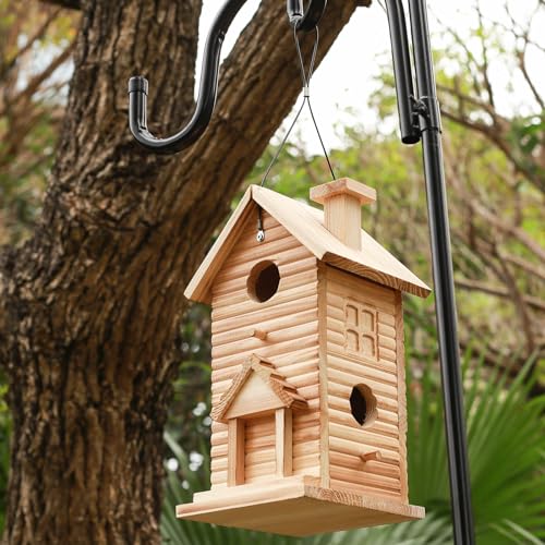 Blue Wooden Birdhouse with 2 Rooms, Outdoor Viewing