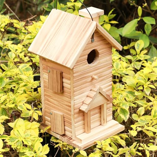 Blue Wooden Birdhouse with 2 Rooms, Outdoor Viewing