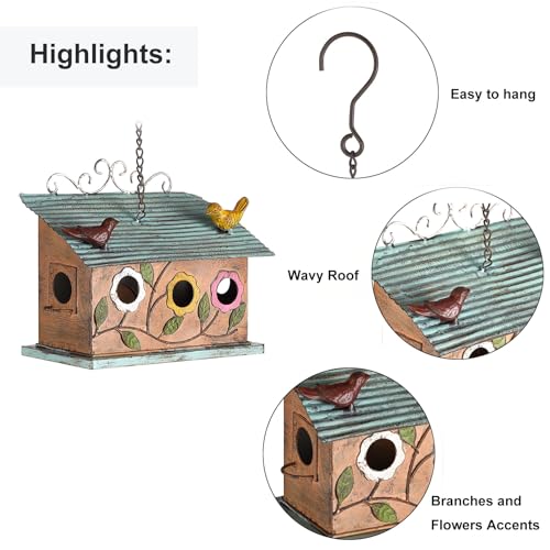 Metal 3-Hole Bird House for Outdoor Hanging
