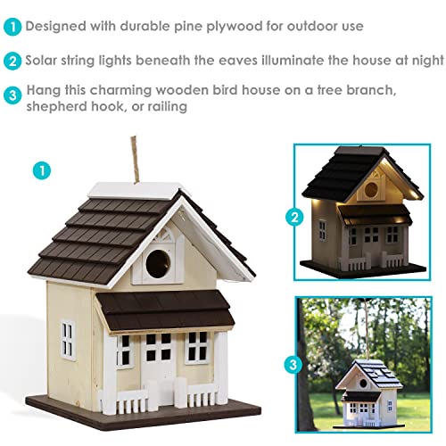 Sunnydaze Hanging Bird House with Solar LED - Cream