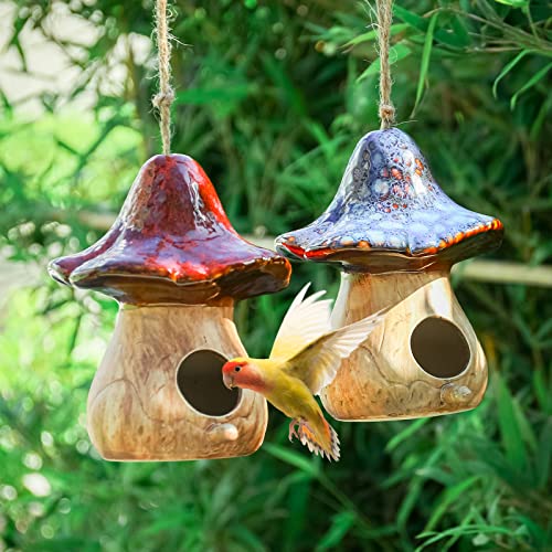 Set of 2 Hanging Mushroom Birdhouses for Wild Birds