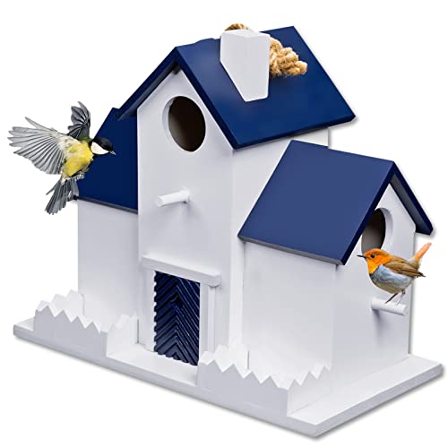 Blue Wooden Birdhouse with Feeder for Indoor & Outdoor