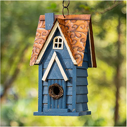 Retro Blue Distressed Solid Wood Cottage Hanging Birdhouse