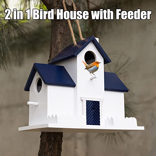 Blue Wooden Birdhouse with Feeder for Indoor & Outdoor