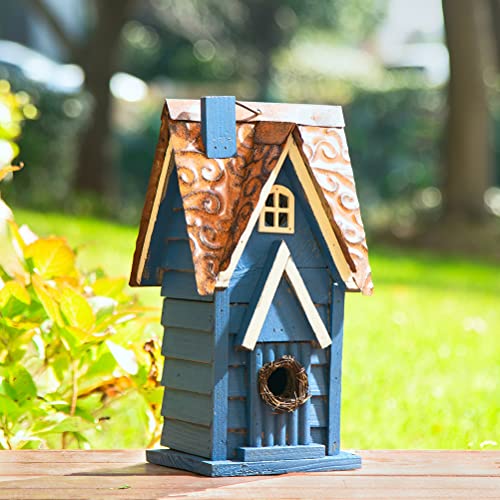 Retro Blue Distressed Solid Wood Cottage Hanging Birdhouse