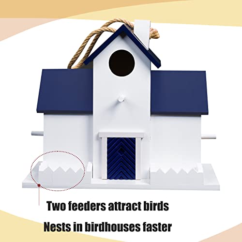 Blue Wooden Birdhouse with Feeder for Indoor & Outdoor