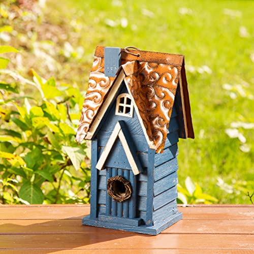 Retro Blue Distressed Solid Wood Cottage Hanging Birdhouse