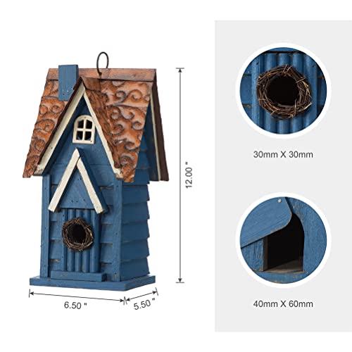 Retro Blue Distressed Solid Wood Cottage Hanging Birdhouse